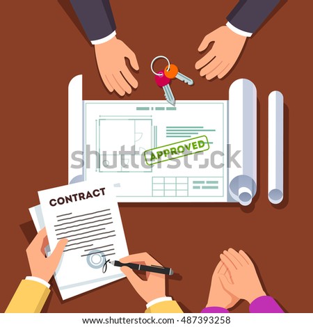 Hands signing house buying or apartment renovation contract. Real estate agent giving key chain and showing approved floor plan. Top view modern flat style vector illustration.