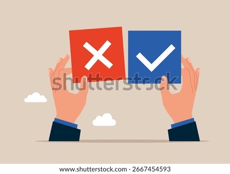 Hands with signs choosing option between yes and no. Choice, problem and decision concept. Flat vector illustration.