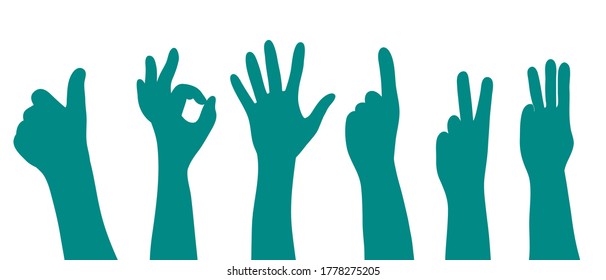 Hands signs, gestures and finger movements set silhouette vector illustration in blue color on a white background. Like hand, ok fingers