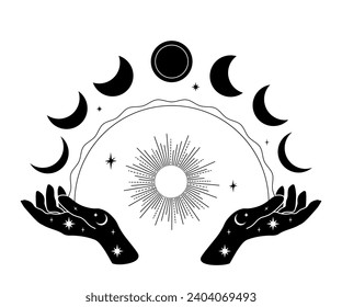 Hands with signs magic sumbols, sun, phases of moon and stars. Vector illustration isolated on a white background.