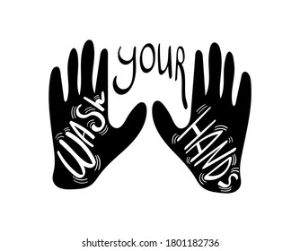 Hands silhouette with lettering inside. Virus protection concept. Vector illustration.