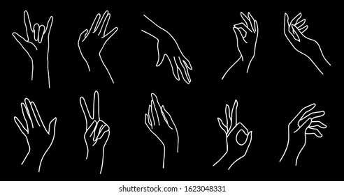 Hands silhouette minimalist collection. Trendy female hands outlines clipart. Hand gestures outlines.