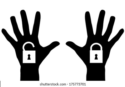 hands silhouette, open and closed lock. Vector EPS 10 illustration.