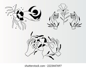 Hands silhouette with plants, leafe, moon and planets. Vector illustration