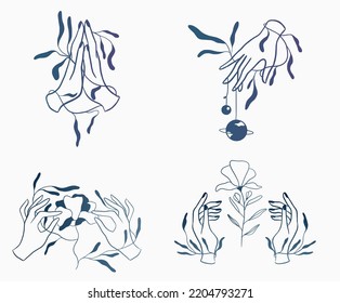 Hands silhouette with plants, leafe and planets. Vector illustration.