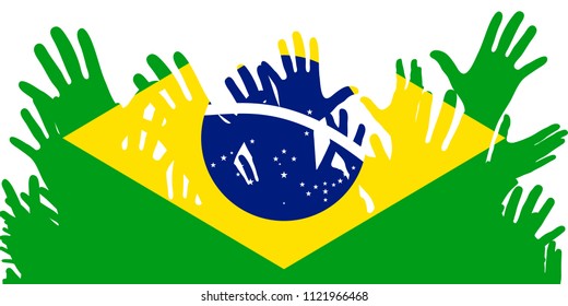 Hands up silhouettes, Brazil flag. Crowd of fans of soccer, games, cheerful people at a party. Vector banner, card, poster.