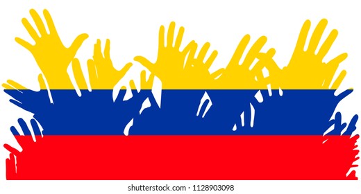 Hands up silhouettes, Colombia flag. Crowd of fans of soccer, games, cheerful people at a party. Vector banner, card, poster.