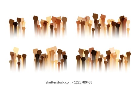 Hands up silhouettes, dividers collection. Decoration element from human raised fists. Conceptual illustration for festivals,  social and tolerance public communities, education or volunteering.