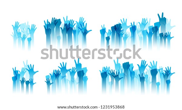 Hands up silhouettes, dividers collection.
Decoration element from blue raised hands. Conceptual illustration
for festivals, concerts, social public communities, education or
volunteering.