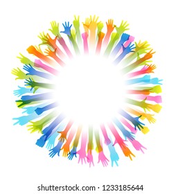 Hands up silhouettes, frame with copy space. Conceptual illustration for festivals, concerts, tolerance public communities, education or volunteering.
