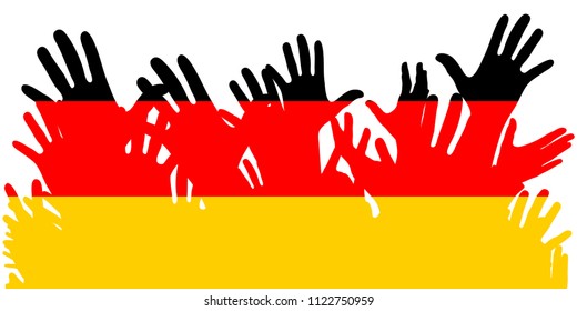 Hands up silhouettes, Germany flag. Crowd of fans of soccer, games, cheerful people at a party. Vector banner, card, poster.