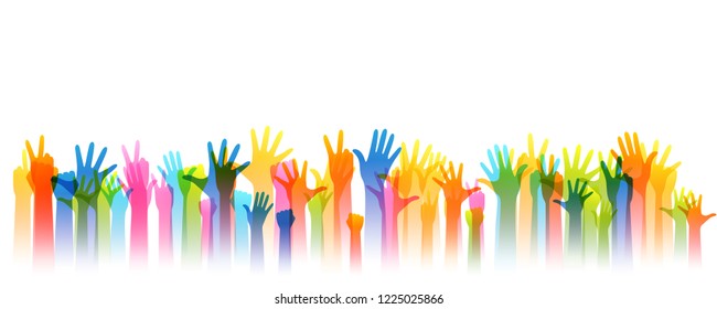 Hands up silhouettes, horizontal border. Decoration element from rainbow raised hands. Conceptual illustration for festivals, social and tolerance public communities, education or volunteering.