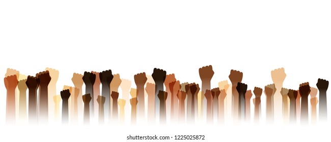 Hands up silhouettes, horizontal border. Decoration element from human raised fists. Conceptual illustration for festivals, concerts, social and tolerance public communities, education or volunteering