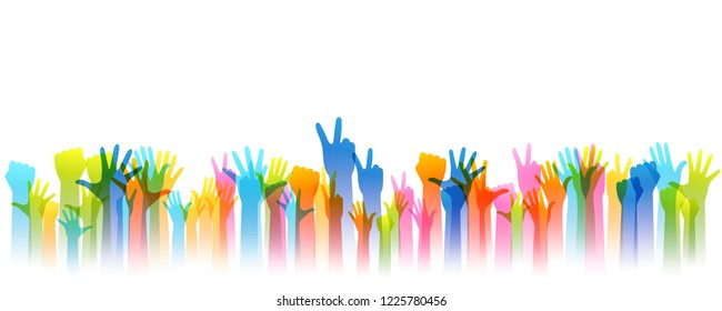 Hands up silhouettes, horizontal border. Decoration element from rainbow raised hands. Conceptual illustration for festivals, concerts, social and tolerance public communities or volunteering.