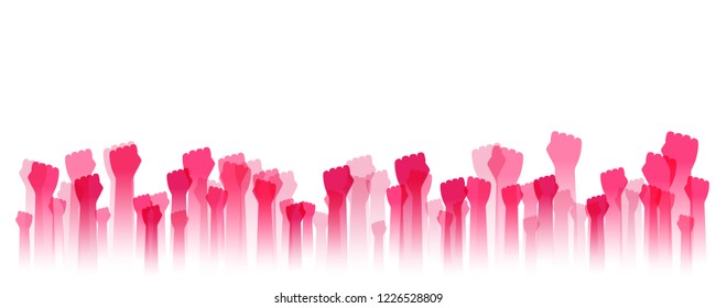 Hands up silhouettes, horizontal border. Decoration element from pink raised fists. Conceptual illustration for festivals, concerts, social and tolerance public communities, volunteering.