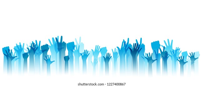 Hands up silhouettes, horizontal border. Decoration element from blue raised hands. Conceptual illustration for concerts, social and tolerance public communities, education or volunteering.