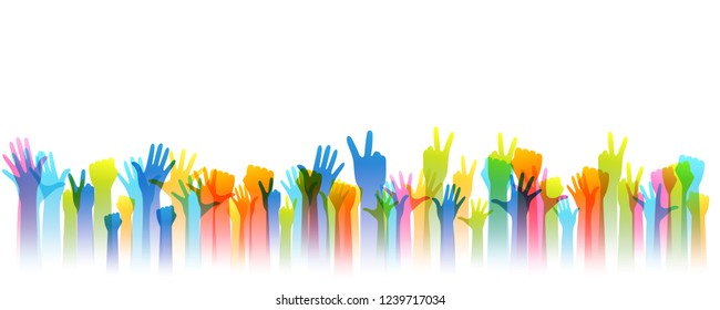 Hands up silhouettes, horizontal border. Decoration element from rainbow raised hands. Conceptual illustration for festivals, concerts, social  public communities, education or volunteering.