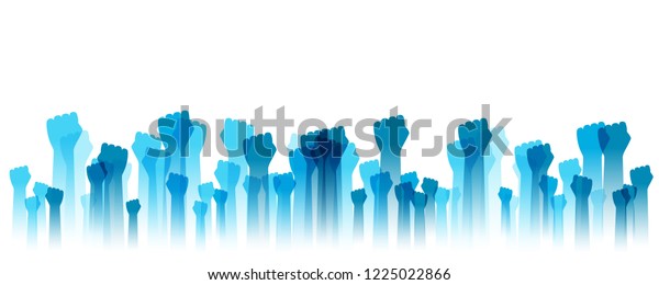 Hands up silhouettes, horizontal border.\
Decoration element from blue raised fists. Conceptual illustration\
for festivals, concerts, social and tolerance public communities,\
education or\
volunteering.