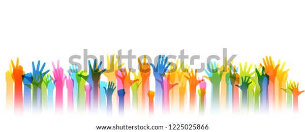 Hands up silhouettes, horizontal border.\
Decoration element from rainbow raised hands. Conceptual\
illustration for festivals, social and tolerance public\
communities, education or\
volunteering.