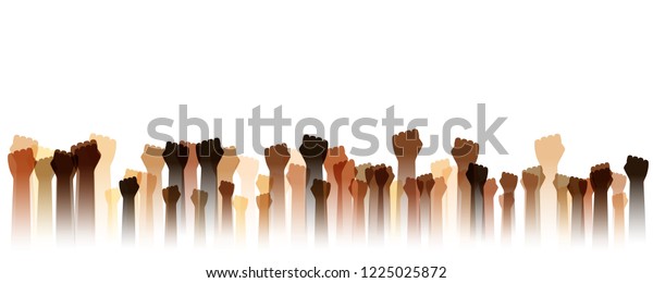 Hands up silhouettes, horizontal border.\
Decoration element from human raised fists. Conceptual illustration\
for festivals, concerts, social and tolerance public communities,\
education or\
volunteering