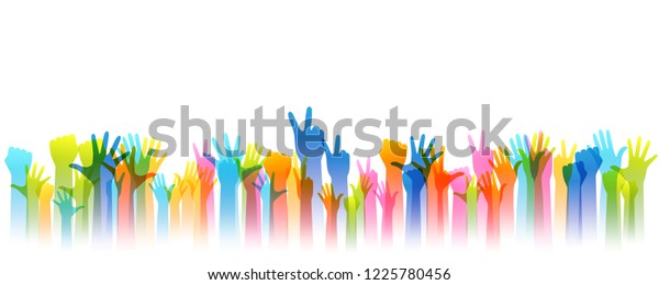 Hands up silhouettes, horizontal border.
Decoration element from rainbow raised hands. Conceptual
illustration for festivals, concerts, social and tolerance public
communities or
volunteering.