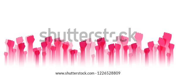 Hands up silhouettes, horizontal border.\
Decoration element from pink raised fists. Conceptual illustration\
for festivals, concerts, social and tolerance public communities,\
volunteering.
