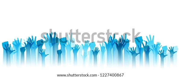 Hands up silhouettes, horizontal border.
Decoration element from blue raised hands. Conceptual illustration
for concerts, social and tolerance public communities, education or
volunteering.