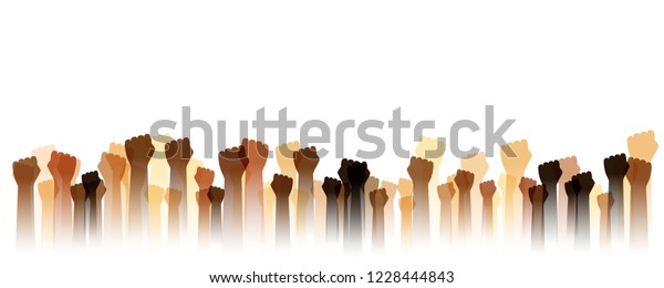 Hands up silhouettes, horizontal border.\
Decoration element from human raised fists. Conceptual illustration\
for  concerts, social and tolerance public communities, education\
or volunteering.