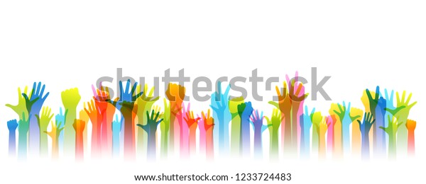 Hands up silhouettes, horizontal border.
Decoration element from rainbow raised hands. Conceptual
illustration for festivals, concerts, social and tolerance public
communities,
volunteering.
