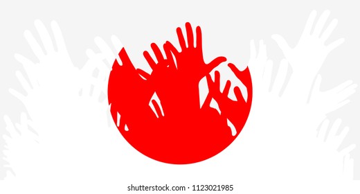 Hände hoch Silhouetten, japanische Flagge. Eine Menge Fans von Fußball, Spielen, fröhliche Leute auf einer Party. Vektorbanner, Karte, Poster.