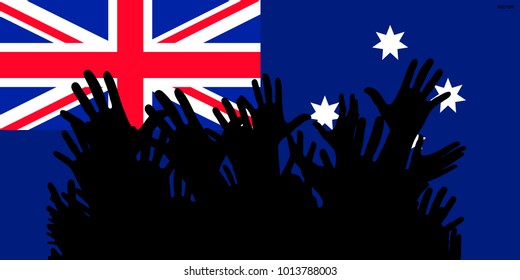 Hands up silhouettes on a Australia flag. Crowd of fans of soccer, games, cheerful people at a party. Vector banner, card, poster.