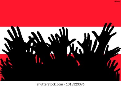 Hands up silhouettes on a Austria flag. Crowd of fans of soccer, games, cheerful people at a party. Vector banner, card, poster.