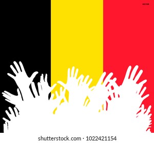 Hands up silhouettes on a Belgium flag. Crowd of fans of soccer, games, cheerful people at a party. Banner, card, poster.