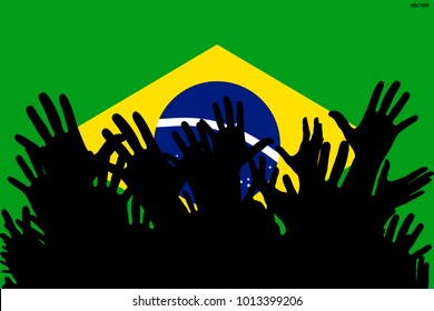 Hands up silhouettes on a Brazil flag. Crowd of fans of soccer, games, cheerful people at a party. Vector banner, card, poster.