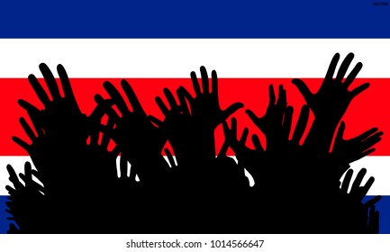 Hands up silhouettes on a Costa Rica flag. Crowd of fans of soccer, games, cheerful people at a party. Vector banner, card, poster.