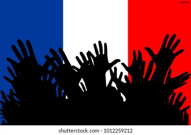 Hands up silhouettes on a France flag. Crowd of fans of soccer, games, cheerful people at a party. Vector banner, card, poster.