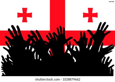 Hands up silhouettes on a Georgia flag. Crowd of fans of soccer, games, cheerful people at a party. Vector banner, card, poster.