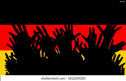 Hands up silhouettes on a Germany flag. Crowd of fans of soccer, games, cheerful people at a party. Vector banner, card, poster.