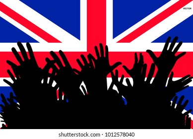 Hands up silhouettes on a Great Britain flag. Crowd of fans of soccer, games, cheerful people at a party. Vector banner, card, poster.