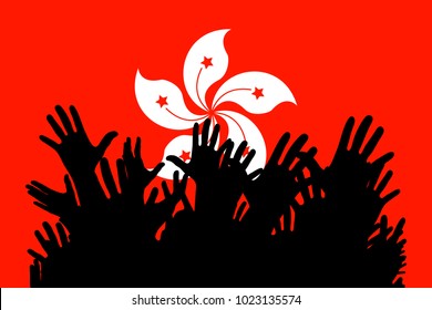 Hands up silhouettes on a Hong Kong flag. Crowd of fans, cheerful people at a party. Vector banner, card, poster.