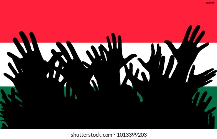 Hands up silhouettes on a Hungary flag. Crowd of fans of soccer, games, cheerful people at a party. Vector banner, card, poster.