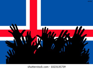 Hands up silhouettes on a Iceland flag. Crowd of fans of  cheerful people at a party. Vector banner, card, poster.