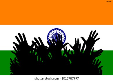 Hands up silhouettes on a India flag. Crowd of fans of soccer, games, cheerful people at a party. Vector banner, card, poster.