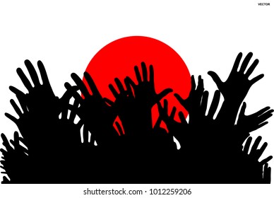 Hands up silhouettes on a Japan flag. Crowd of fans of soccer, games, cheerful people at a party. Vector banner, card, poster.