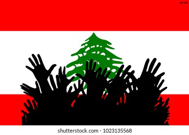 Hands up silhouettes on a Lebanon flag. Crowd of fans of cheerful people at a party. Vector banner, card, poster.