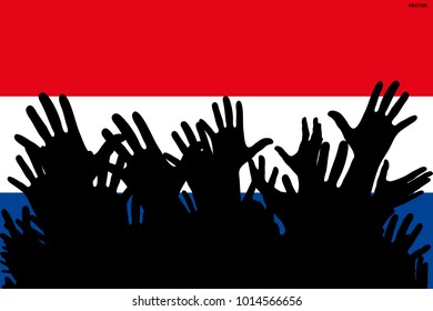 Hands up silhouettes on a Netherlands flag. Crowd of fans of soccer, games, cheerful people at a party. Vector banner, card, poster.

