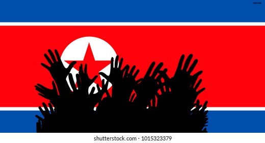 Hands up silhouettes on a North Korea flag. Crowd of fans of soccer, games, cheerful people at a party. Vector banner, card, poster.