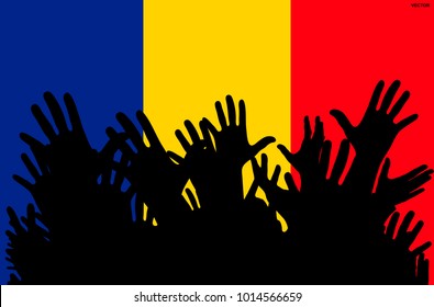 Levanta siluetas sobre una bandera de Rumania. Multitud de hinchas de fútbol, partidos, gente alegre en una fiesta. Banner vectorial, tarjeta, afiche.
