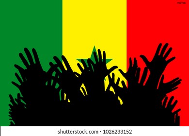 Hands up silhouettes on a Senegal flag. Crowd of fans, cheerful people at a party. Vector banner, card, poster.