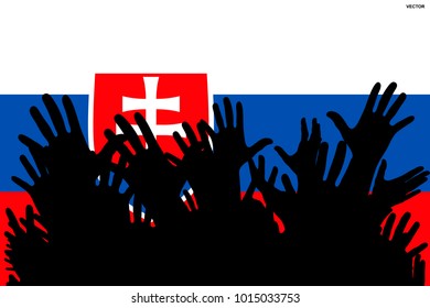 Hands up silhouettes on a Slovakia flag. Crowd of fans of soccer, games, cheerful people at a party. Vector banner, card, poster.